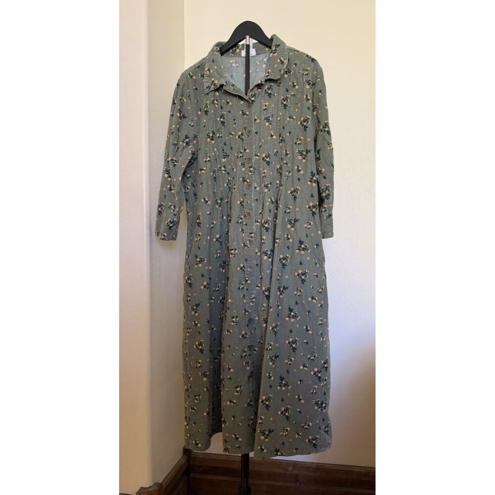 Vermont Country Store 1X Corduroy Floral Midi Shirt Dress Green Cottagecore